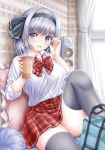  1girl akino_irori alternate_costume bag bangs blue_eyes blush bow bowtie breasts bubble_tea commentary_request cup curtains disposable_cup drinking_straw eyebrows_visible_through_hair feet_out_of_frame grey_legwear hair_ribbon hand_in_hair highres indoors knee_up konpaku_youmu large_breasts leg_lift looking_at_viewer on_bed open_mouth pillow plaid plaid_neckwear plaid_skirt red_neckwear red_skirt ribbon school_bag school_uniform shirt short_hair short_sleeves silver_hair sitting skirt smile solo speaker thigh-highs touhou upper_teeth wallpaper_(object) white_shirt window 