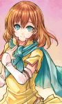  1girl aqua_cape bangs blue_eyes brown_hair cape closed_mouth detached_sleeves fire_emblem fire_emblem:_path_of_radiance floating_hair fuussu_(21-kazin) gradient gradient_background hair_between_eyes long_hair long_sleeves mist_(fire_emblem) pink_background shiny shiny_hair shirt short_sleeves smile solo standing upper_body white_sleeves yellow_shirt 