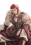  1boy bara bare_shoulders beard cape chest cleavage_cutout facial_hair fate/grand_order fate/zero fate_(series) highres iori0371 iskandar_(fate) leather male_focus manly muscle pectorals red_eyes redhead smile solo 
