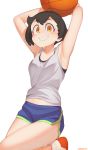  1girl absurdres armpits arms_up artist_name ball bangs bare_arms bare_shoulders basketball black_hair black_sports_bra blue_shorts blush brand_new_animal breasts brown_eyes brown_hair collarbone commentary grin gym_shorts highres holding holding_ball kagemori_michiru knee_up looking_at_viewer midriff_peek navel once_11h shirt shoes short_hair short_shorts shorts simple_background small_breasts smile sneakers solo sports_bra sportswear tank_top white_background white_shirt 