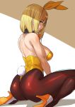  1girl animal_ears ashiomi_masato blonde_hair blue_eyes brown_legwear bunny_girl bunny_tail bunnysuit commentary_request detached_collar fake_animal_ears fake_tail from_behind guilty_gear guilty_gear_xrd high_heels leotard millia_rage pantyhose rabbit_ears solo strapless strapless_leotard tail yellow_leotard 