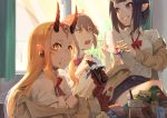  3girls bangs black_skirt blazer blonde_hair bow brown_eyes brown_hair brown_jacket bubble_tea candy chocolate chocolate_bar closed_mouth collared_shirt commentary cup curtains disposable_cup drinking_straw eating eyebrows_behind_hair eyebrows_visible_through_hair facial_mark fang fang_out fate/grand_order fate_(series) food food_on_face forehead_mark fujimaru_ritsuka_(female) grin hair_between_eyes highres holding holding_candy holding_food holding_lollipop horns ibaraki_douji_(fate/grand_order) indoors jacket jhc_kai lollipop multiple_girls off_shoulder oni oni_horns open_blazer open_clothes open_jacket open_mouth orange_eyes purple_hair red_bow saint_quartz school_uniform shirt short_eyebrows short_sleeves shuten_douji_(fate/grand_order) skirt smile thick_eyebrows v-shaped_eyebrows violet_eyes white_shirt window 