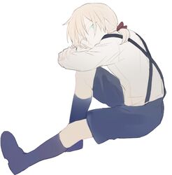  1boy blonde_hair blue_eyes bow bowtie chloe_no_requiem hair_bow head_on_knees leg_hug male_focus pierre_d&#039;alembert ponytail short_hair shorts sitting socks solo sssen suspenders white_background 