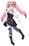  1girl :d bangs black_dress black_footwear blue_legwear boots dress fire_emblem fire_emblem:_three_houses floating_hair full_body fuussu_(21-kazin) hilda_valentine_goneril knee_boots long_hair long_sleeves open_mouth pink_hair red_eyes shiny shiny_hair shirt short_dress simple_background smile solo thigh-highs twintails very_long_hair white_background white_shirt 