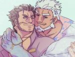  aegir_(tokyo_houkago_summoners) bara beard blue_eyes brown_eyes couple dagon_(tokyo_houkago_summoners) dark_skin dark_skinned_male earrings face-to-face facial_hair hug hug_from_behind jewelry looking_at_viewer male_focus manly muscle necklace open_clothes ramusyutarou short_sleeves smile tokyo_houkago_summoners white_hair yaoi 