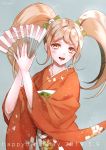  1girl artist_name blonde_hair bow cat_hair_ornament commentary_request dangan_ronpa dated eyebrows_visible_through_hair fan green_bow hair_bow hair_ornament happy happy_birthday holding holding_fan japanese_clothes kimono long_hair looking_at_viewer orange_kimono saionji_hiyoko sakuyu smile solo super_dangan_ronpa_2 twintails twitter_username upper_teeth yellow_eyes 