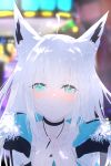  1girl ahoge alternate_costume animal_ears blue_eyes blurry blurry_background blush collarbone commentary_request fox_ears hands_on_own_chest highres hinata_(hinata-ur) hololive jacket long_hair looking_at_viewer pov shirakami_fubuki silver_hair solo virtual_youtuber 