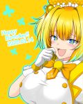  +_+ 1girl bangs blonde_hair blue_eyes blush bombergirl breasts chibi_aki dated eyebrows_visible_through_hair fangs gloves happy_birthday hat large_breasts looking_at_viewer multicolored_hair open_mouth pine_(bombergirl) solo streaked_hair upper_body white_gloves yellow_background 