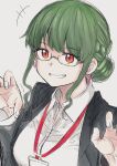  1girl anosillus_ii braid breasts character_request copyright_request earrings excited french_braid glasses green_hair gridman_universe hair_bun hand_up heart heart_earrings highres jacket jewelry lanyard office_lady open_clothes orange_eyes osr5555 shirt simple_background smile ssss.dynazenon ssss.gridman tooth white_background white_shirt 