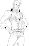  1boy beard chest facial_hair fate/grand_order fate_(series) goatee hands_on_hips juer1004 long_sleeves looking_at_viewer male_focus muscle napoleon_bonaparte_(fate/grand_order) open_clothes open_shirt pants pectorals scar sideburns sketch smile solo tight unbuttoned uncolored white_pants work_in_progress 