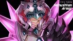  1girl armor black_background character_name chupirinko clawed_gauntlets commentary english_text gauntlets gloves goggles goggles_around_neck half-closed_eyes headgear highres long_hair looking_at_viewer pauldrons pink_hair purple_gloves senki_zesshou_symphogear senki_zesshou_symphogear_xd_unlimited shoulder_armor smirk solo spikes twintails v-shaped_eyebrows violet_eyes yukine_chris 