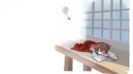  1girl bow chamaji closed_eyes commentary_request detached_sleeves eyebrows_visible_through_hair hair_bow hair_tubes hakurei_reimu highres lying medium_hair nontraditional_miko outdoors porch red_shirt ribbon_trim shirt shouji sleeping sleeveless sleeveless_shirt sliding_doors socks solo touhou veranda wide_sleeves wind_chime yin_yang_print 