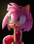  1girl amy_rose animal_ears bangs bare_shoulders black_background dress english_commentary flat_chest furry gloves green_eyes hairband looking_to_the_side miitara open_mouth pink_hair red_dress red_hairband short_hair simple_background sketch sleeveless sleeveless_dress solo sonic_the_hedgehog standing 