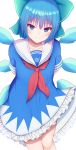  1girl arms_behind_back bangs blue_bow blue_dress blue_eyes blue_hair blue_sailor_collar blush bow cirno closed_mouth collarbone commentary_request darumoon dress eyebrows_visible_through_hair hair_bow highres ice ice_wings looking_at_viewer red_neckwear sailor_collar school_uniform serafuku short_hair short_sleeves simple_background smile solo touhou white_background wings 