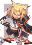  1girl anger_vein angry animal_ear_fluff animal_ears arknights arrow_(projectile) artist_name bandaged_arm bandages blonde_hair blush bow_(weapon) earrings fang fingerless_gloves fox_ears fox_tail full-face_blush gloves hair_ornament hairclip highres jewelry looking_at_viewer medium_hair mitake_eiru multiple_earrings navel necklace notched_ear open_mouth originium_(arknights) poncho quiver scar short_shorts shorts skin_fang solo symbol_commentary tail v-shaped_eyebrows vermeil_(arknights) weapon yellow_eyes 