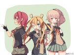  3girls abukuma_(kantai_collection) bike_shorts black_gloves black_jacket blonde_hair blue_eyes brown_eyes double_bun gloves grey_sailor_collar grey_skirt hair_between_eyes hair_flaps hair_rings highres jacket kantai_collection kinu_(kantai_collection) long_hair looking_at_viewer minmin_(hmt_michi) multiple_girls neck_ribbon partly_fingerless_gloves pink_hair pleated_skirt ponytail red_ribbon redhead remodel_(kantai_collection) ribbon sailor_collar school_uniform serafuku short_hair short_sleeves shorts shorts_under_skirt skirt twitter_username very_long_hair yura_(kantai_collection) 