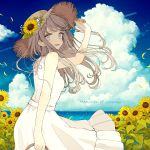  1girl akakura arm_up bare_shoulders blue_eyes blue_sky clouds commentary_request dress english_text field flower flower_field from_behind hat hat_flower highres light_brown_hair long_hair looking_back open_mouth original sky sleeveless sleeveless_dress solo straw_hat summer sunflower water white_dress 