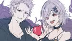  1boy 1girl :d absurdres apple bangs black_choker black_jacket black_nails black_shirt choker collarbone djeeta_(granblue_fantasy) eyebrows_visible_through_hair food fruit gran_(granblue_fantasy) granblue_fantasy grey_hair hair_ornament highres holding holding_food holding_fruit jacket looking_at_viewer nail_polish open_clothes open_jacket open_mouth parted_lips red_apple red_eyes shirt short_hair signature simple_background smile sofra swept_bangs tongue tongue_out twitter_username upper_body white_background x_hair_ornament 