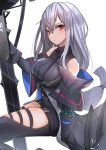  1girl arknights ascot bangs bare_shoulders bikuwa black_gloves black_neckwear black_pants breasts commentary gloves hair_between_eyes large_breasts leggings long_hair looking_at_viewer low-tied_long_hair no_hat no_headwear pants red_eyes silver_hair simple_background sitting skadi_(arknights) solo sword thigh_cutout thighs very_long_hair weapon white_background 