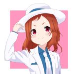  1girl absurdres blue_shirt collared_shirt dress_shirt formal handkerchief hat hatband highres holding holding_clothes holding_hat necktie original pink_background red_eyes redhead rojogarnina shirt simple_background smile solo suit white_background white_neckwear white_suit 