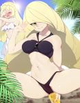  2girls absurdres bangs bare_shoulders beach bikini black_bikini blonde_hair blue_sky blush braid breasts closed_eyes closed_mouth collarbone crown_braid embarrassed green_eyes hair_over_one_eye highres large_breasts lillie_(pokemon) long_hair looking_at_viewer lusamine_(pokemon) mother_and_daughter multiple_girls navel open_mouth palm_tree pokemon pokemon_(game) pokemon_sm sarong sky slugbox small_breasts smile squatting sunlight swimsuit thighs tree very_long_hair white_bikini 