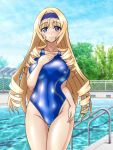  1girl blonde_hair blue_eyes blue_sky blue_swimsuit breasts cecilia_alcott chain-link_fence clouds collarbone commentary_request competition_swimsuit cowboy_shot day fence hairband hand_on_own_chest infinite_stratos large_breasts long_hair looking_at_viewer one-piece_swimsuit outdoors pool pool_ladder shiny shiny_clothes sky solo swimsuit tree yurinozuku1112 