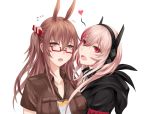  2girls animal_ears black_jacket breasts brown_hair collarbone eyebrows_visible_through_hair girls_frontline grey_eyes hair_between_eyes hair_ornament headphones heart heart_print hood hooded_jacket jacket long_hair looking_at_viewer m4_sopmod_ii_(girls_frontline) multiple_girls open_mouth pink_hair red_eyes selcky sweat type_88_(girls_frontline) white_background 