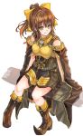  1girl bangs black_cape boots bow breasts brown_dress brown_footwear brown_hair cape delthea_(fire_emblem) dress fang fang_out fire_emblem fire_emblem_echoes:_shadows_of_valentia full_body fuussu_(21-kazin) hair_between_eyes hair_bow high_ponytail long_hair shiny shiny_hair short_dress simple_background sitting sleeveless sleeveless_dress small_breasts solo white_background yellow_bow yellow_eyes 