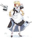  1girl :&lt; ahoge alternate_costume apron aqua_eyes bangs black_footwear blue_oath blush bow breasts bucket cannon closed_mouth drill_hair eyebrows_visible_through_hair frills frown full_body hair_between_eyes hair_bow highres holding holding_bucket juliet_sleeves long_hair long_sleeves looking_at_viewer maid maid_headdress medium_breasts mole mole_under_mouth pantyhose puffy_sleeves queen_elizabeth_(blue_oath) sidelocks skirt_hold solo tachi-e teapot transparent_background tsurime turret twintails very_long_hair white_legwear 