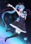  1girl :d absurdres armpits black_bow black_dress black_legwear blue_eyes blue_hair blue_neckwear bow dress gloves hair_bow hand_up hatsune_miku headphones heart high_heels highres holding holding_microphone looking_at_viewer microphone necktie one_eye_closed open_mouth oyabuli round_teeth saturn_(planet) smile solo space string string_of_fate teeth thigh-highs twintails upper_teeth vocaloid white_gloves 