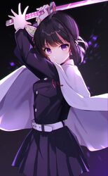  1girl absurdres arms_up bangs belt belt_buckle black_hair black_jacket black_skirt buckle cape closed_mouth eyebrows_visible_through_hair goroo_(eneosu) gradient_hair highres holding holding_sword holding_weapon jacket katana kimetsu_no_yaiba long_sleeves looking_at_viewer multicolored_hair pleated_skirt purple_hair skirt solo sword tsuyuri_kanao violet_eyes weapon white_belt white_cape 