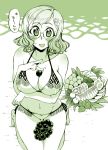  breasts collarbone covered_nipples food fruit glasses hair_ornament hairclip kusanagi_tonbo large_breasts monochrome navel object_on_breast original short_hair swimsuit wavy_hair 