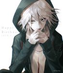  1boy bangs commentary_request dangan_ronpa dated green_eyes green_jacket grey_background hair_between_eyes hands_up happy_birthday hood hooded_jacket hoodie jacket komaeda_nagito long_sleeves male_focus medium_hair open_clothes open_jacket open_mouth own_hands_together sakuyu shirt sleeves_past_wrists smile solo super_dangan_ronpa_2 white_hair white_shirt 