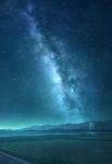  blue_sky blue_theme field grass highres milky_way mks night night_sky no_humans original outdoors power_lines road scenery sky star_(sky) starry_sky telephone_pole 