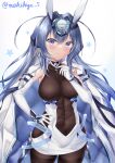  1girl :3 absurdres ahoge armpits azur_lane bangs blue_eyes blue_hair blush bodystocking breasts closed_mouth coat coat_on_shoulders commentary_request covered_navel cowboy_shot dress elbow_gloves eyebrows_visible_through_hair finger_to_cheek gloves hair_between_eyes hair_intakes hand_on_hip hand_up headgear highres large_breasts long_hair looking_at_viewer makihige new_jersey_(azur_lane) partial_commentary sidelocks simple_background smile solo starry_background twitter_username vambraces very_long_hair white_background white_coat white_dress white_gloves 