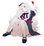  1girl blonde_hair blood blood_on_face bloody_knife bow chloe_ardenne chloe_no_requiem dress frilled_skirt frills hair_bow holding holding_knife knees_up knife long_hair looking_at_viewer mary_janes shoes sitting skirt smile solo sssen violet_eyes 