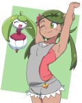  1girl :d ;) ^_^ arm_up armpits bubukka closed_eyes closed_mouth collarbone dark_skin gen_7_pokemon green_eyes green_hairband hairband long_hair looking_at_another mallow_(pokemon) one_eye_closed open_mouth pokemon pokemon_(creature) pokemon_(game) pokemon_sm smile steenee twintails 