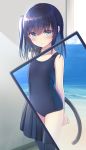  1girl black_hair black_legwear blue_eyes blush breasts cat_tail cowboy_shot eyebrows_visible_through_hair highres looking_at_viewer monitor na-ga original school_swimsuit school_uniform serafuku short_hair small_breasts solo swimsuit tail 