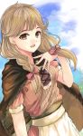  1girl :d apron bow brown_cape brown_eyes brown_hair cape day faye_(fire_emblem) fire_emblem fire_emblem_echoes:_shadows_of_valentia fuussu_(21-kazin) hair_bow long_hair open_mouth outdoors pink_bow pink_shirt shiny shiny_hair shirt short_sleeves smile solo standing waist_apron white_apron 