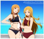  2girls bikini black_bikini blonde_hair blue_background blue_eyes blush bracelet breasts brown_eyes brown_hair collarbone cowboy_shot day hand_on_hip holding holding_surfboard idolmaster idolmaster_million_live! jewelry kidachi long_hair looking_at_viewer medium_breasts momose_rio multiple_girls navel ocean open_mouth outdoors red_bikini shinomiya_karen smile summer surfboard swimsuit 