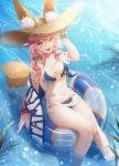  1girl animal_ear_fluff animal_ears bangs beach bikini blue_bikini blue_sky blush breasts collarbone ears_through_headwear fate/grand_order fate_(series) fox_ears fox_girl fox_tail hair_between_eyes hat highres innertube large_breasts long_hair looking_at_viewer navel ocean open_mouth pink_hair see-through shirt short_sleeves sitting sky smile straw_hat swimsuit tail tamamo_(fate)_(all) tamamo_no_mae_(swimsuit_lancer)_(fate) thighs tokkiria water wet wet_clothes wet_shirt wet_t-shirt yellow_eyes 