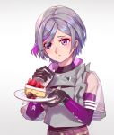  1girl absurdres cake chinese_commentary commentary_request contender_(girls_frontline) eating eyebrows_visible_through_hair eyes_visible_through_hair food fork fruit girls_frontline gloves grey_hair highres plate ren_huozhe short_hair solo strawberry violet_eyes white_background 