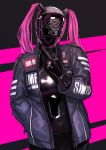  1girl bodysuit bodysuit_under_clothes helmet highres kilye_4421 latex_bodysuit looking_at_viewer original pink_hair skin_tight solo v 