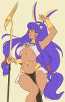  animal_ears bangle bracelet dark_skin didi_esmeralda egyptian egyptian_clothes facepaint facial_mark fate/grand_order fate_(series) hairband highres holding holding_staff jackal_ears jewelry long_hair low-tied_long_hair navel nitocris_(fate/grand_order) purple_hair simple_background staff two-tone_hairband usekh_collar vambraces violet_eyes yellow_background 