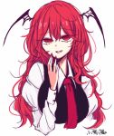  1girl arm_up bangs bat_wings bianco_(mapolo) black_vest breasts character_name eyebrows_visible_through_hair fang hair_between_eyes hair_wings koakuma long_hair long_sleeves looking_at_viewer necktie open_mouth red_eyes red_nails red_neckwear redhead shirt simple_background smile solo touhou upper_body vest white_background white_shirt wings 