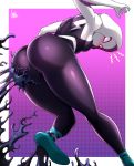  1girl ass blush breasts commentary gradient gradient_background highres hood hoodie jmg looking_back mask purple_background signature spider-gwen spider-man:_into_the_spider-verse spider-man_(series) surprised thighs venom_(marvel) 