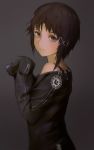  1girl asymmetrical_hair bare_shoulders brown_eyes brown_hair hair_ornament hairclip iwakura_lain looking_at_viewer nagamerin off-shoulder_sweater off_shoulder serial_experiments_lain short_hair sleeves_past_wrists solo sweater undershirt upper_body x_hair_ornament 