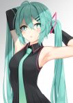  1girl adjusting_hair aqua_eyes aqua_hair aqua_neckwear armpits bangs black_dress commentary divergenceok dress elbow_gloves gloves hair_between_eyes hair_ornament hair_tie hairclip hands_up hatsune_miku light_blush long_hair necktie open_mouth sleeveless sleeveless_dress solo twintails upper_body very_long_hair vocaloid 