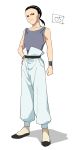  1boy black_eyes black_footwear black_hair blue_shirt chang_wufei full_body gundam gundam_wing hand_on_hip hastune highres looking_at_viewer male_focus pants ponytail shirt simple_background slippers solo white_background white_pants wristband 