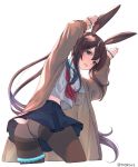  1girl amiya_(arknights) amopui animal_ears arknights ascot bangs blue_eyes blue_sailor_collar blue_skirt blurry brown_hair brown_jacket bunny_pose commentary_request cowboy_shot hair_between_eyes highres jacket long_hair long_sleeves looking_at_viewer midriff_peek miniskirt open_clothes open_jacket open_mouth pantyhose rabbit_ears red_neckwear sailor_collar sailor_shirt school_uniform serafuku shirt simple_background skirt solo standing thighband_pantyhose thighlet thighs twisted_torso white_background 